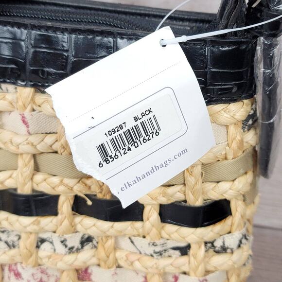Vintage Straw Purse Cottagecore Woven Rattan Black Tan Elka Handbags New 90's - Picture 3 of 16